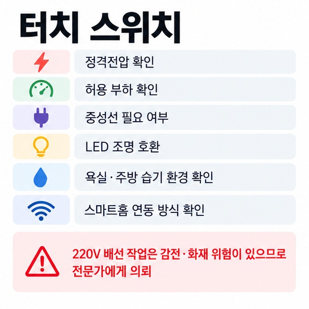 터치 스위치 설치 전 정격전압 허용부하 중성선 LED 호환 습기 환경 스마트 연동을 확인하는 체크리스트 이미지