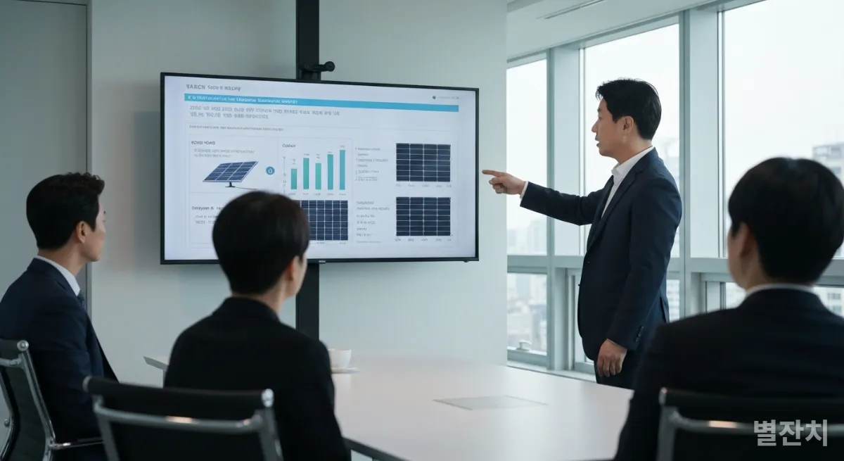 한국 남성 CEO가 여의도 고층 빌딩 회의실에서 투자자들에게 재생 에너지 프로젝트를 발표하는 모습