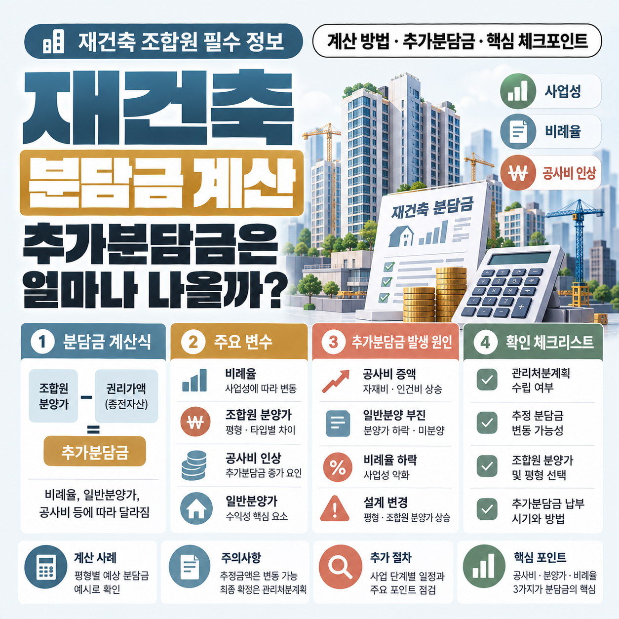 재건축 분담금 계산식과 추가분담금 발생 원인을 정리한 안내 이미지