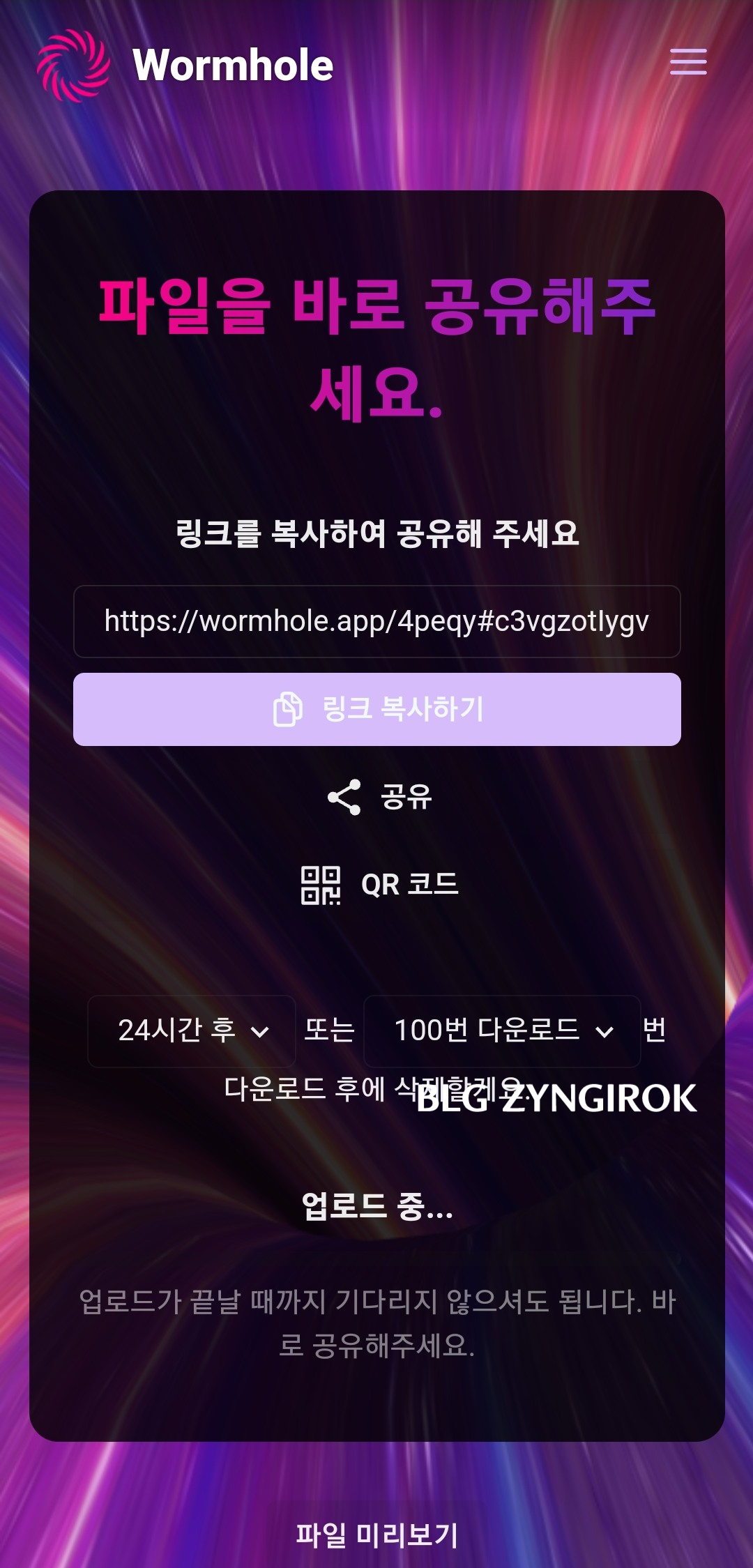 worlmhole을-통해-파일을-공유할-수있는-링크가-생성된-모습이다.