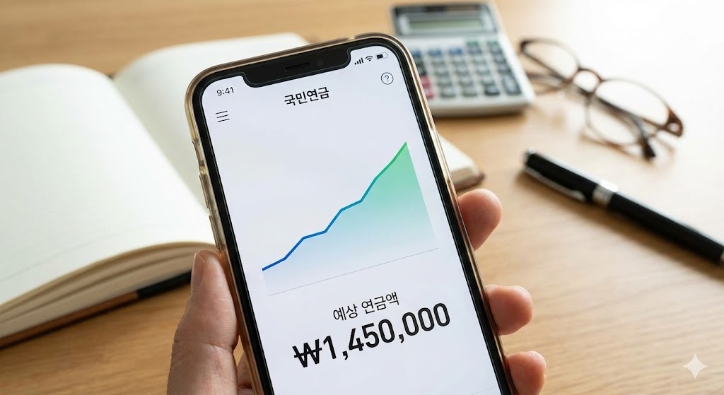 스마트폰 화면에 국민연금 앱 아이콘과 예상 수령액 그래프가 떠 있는 일러스트. '내 노후 성적표 확인하기'라는 문구가 적혀 있음