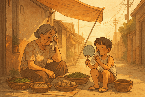 여름 햇살 아래 땀을 흘리며 좌판을 지키는 할머니와, 부채를 들고 물을 마시며 옆에 앉아 있는 어린 소년. 골목길 풍경과 함께 노점의 삶을 표현한 따뜻한 일러스트.