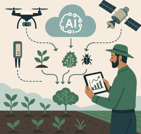 농업 데이터 예측 모델을 표현한 인포그래픽. 토양 센서와 드론, 위성이 데이터를 수집하고, 클라우드 AI가 이를 분석해 미래의 작황과 병해충 발생을 예측하며, 농민이 스마트 기기에서 이를 확인하는 과정을 시각화한 이미지.