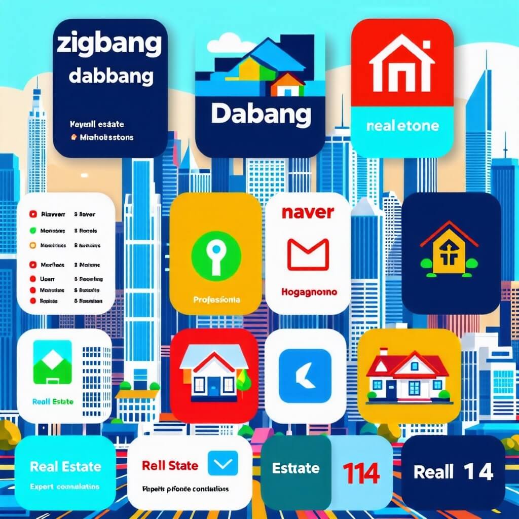 부동산 관련 앱: 인기 있는 부동산 관련 애플리케이션을 소개하는 이미지. 각 앱의 기능 설명 포함