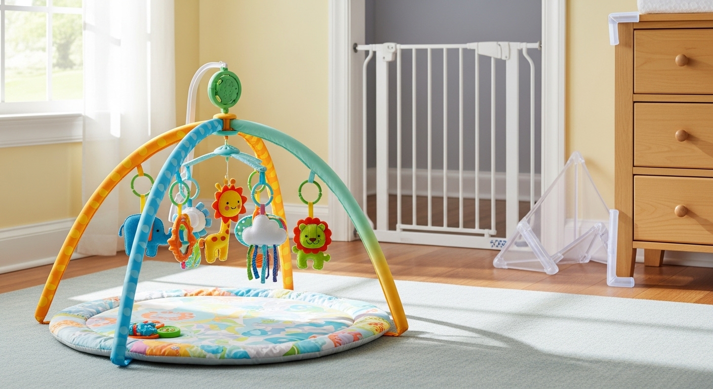 아기 모빌, 아기 체육관 등 놀이용품과 안전문, 코너 보호대 등 안전 용품이 갖춰진 밝고 안전한 아기 방의 모습.