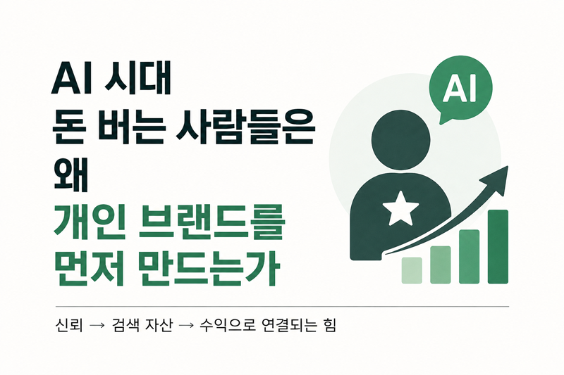 AI 시대 돈 버는 사람들은 왜 개인 브랜드를 먼저 만드는가, 검색 자산과 개인 브랜딩을 통해 수익 구조를 만드는 방법을 설명하는 썸네일 이미지