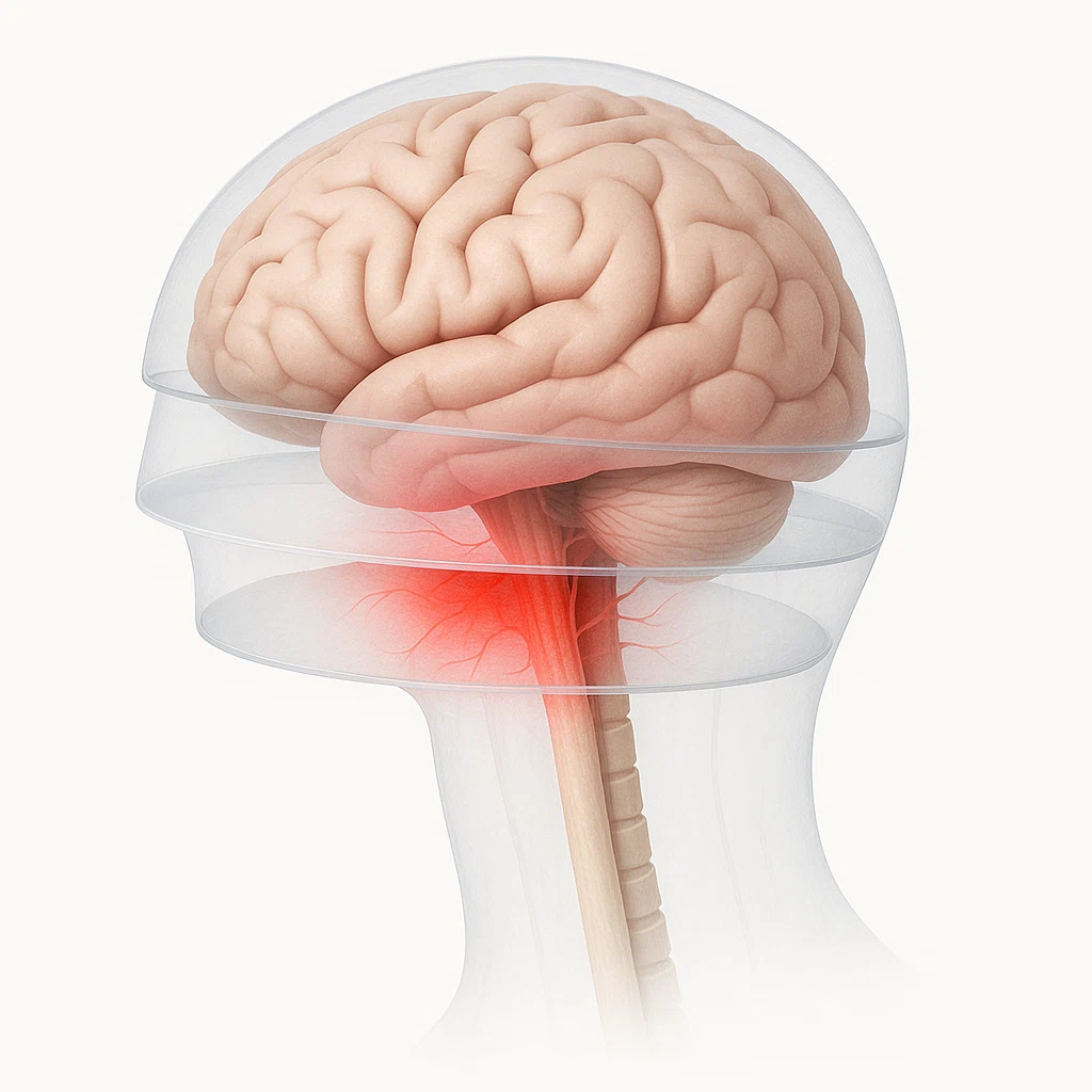 뇌·척수·뇌수막 삼층 구조, 염증이 생긴 거미막 공간을 붉게 표시