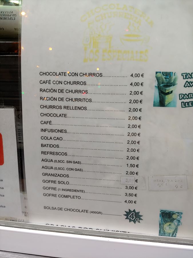 스페인 세비야 츄러스집. Los Especiales 가격