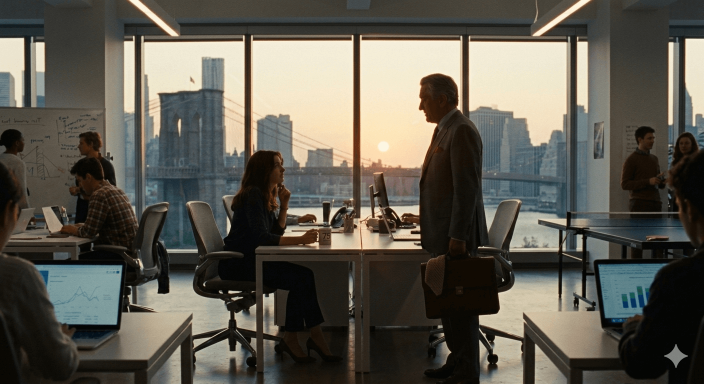 해 질 녘 통유리 오피스 창가, 줄스와 벤이 서로를 마주 보며 대화하는 실루엣. 영화 인턴의 주제인 세대 간의 소통과 따뜻한 연륜을 시각화한 장면.