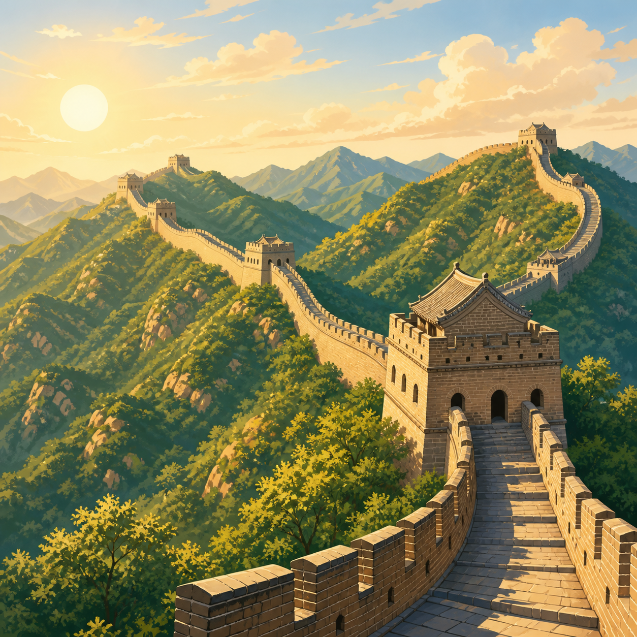 The Great Wall of China across mountains in a warm educational illustration