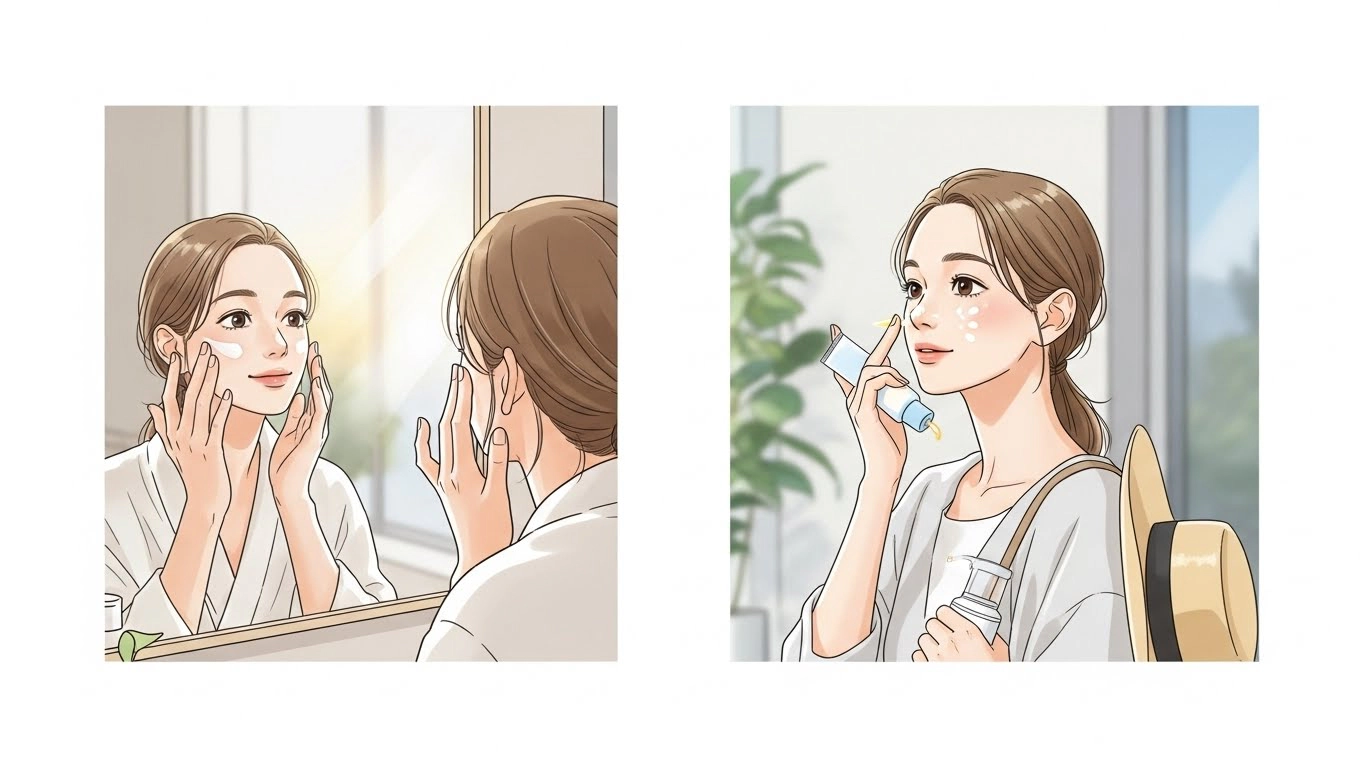 시술 후 냉찜질&middot;보습&middot;자외선 차단을 하는 모습을 담은 사후 관리 일러스트