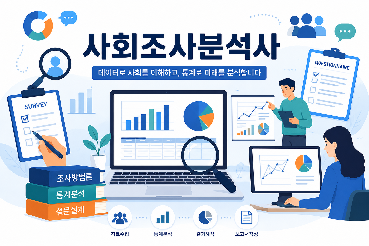이미지 출처: AI 생성 이미지(콘텐츠 이해를 돕기 위한 시각 자료, 실제 인물을 특정하지 않은 AI 생성 이미지)
사회조사분석사가 설문조사, 자료수집, 통계분석, 보고서 작성 과정을 수행하며 데이터 기반 의사결정을 지원하는 모습을 표현한 이미지