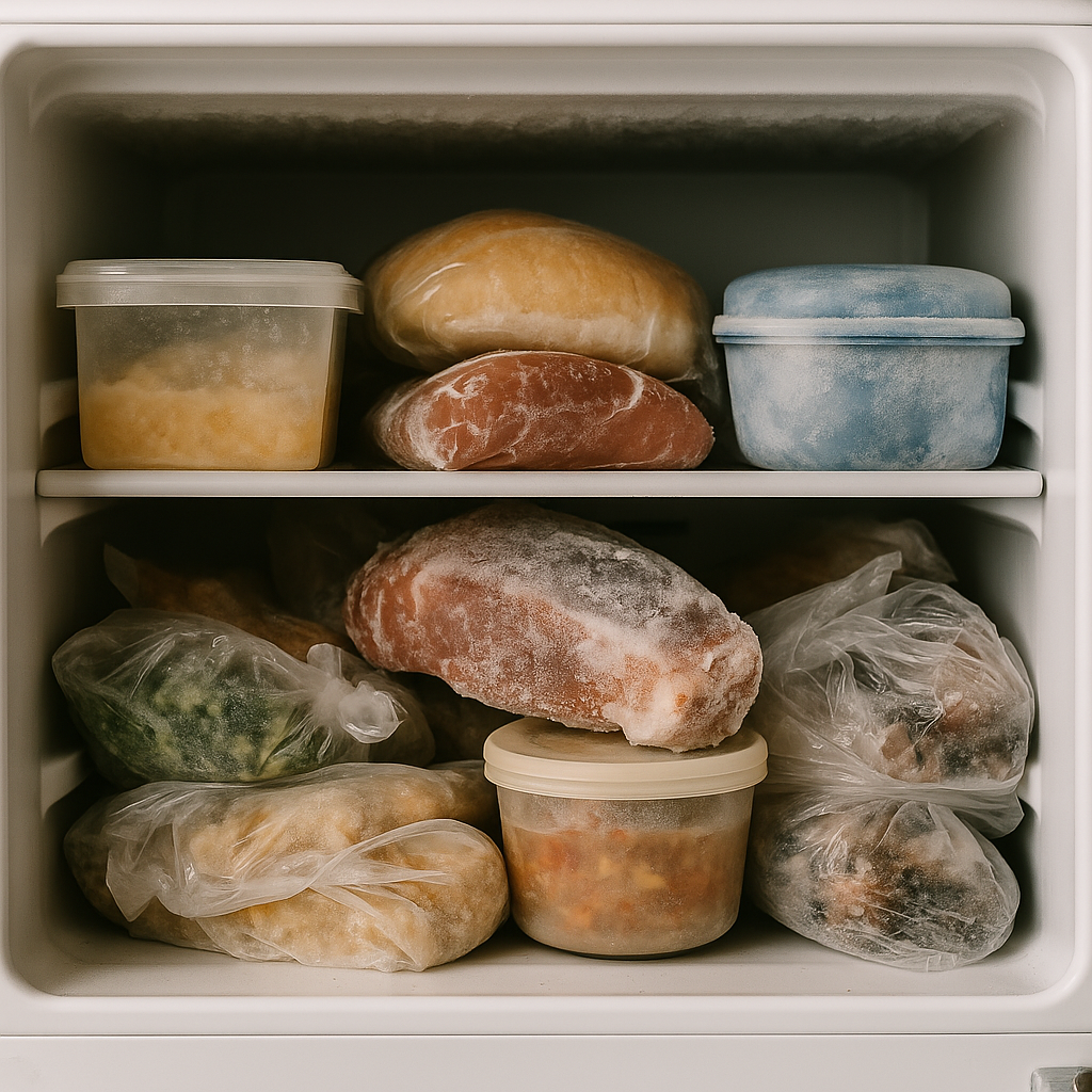 냉동실 안에 비닐에 담긴 고기와 채소, 얼음 낀 용기들이 정리되지 않은 채 쌓여 있는 모습