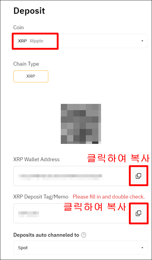 XRP 입금관련 세부정보들이 나타나 있는 창