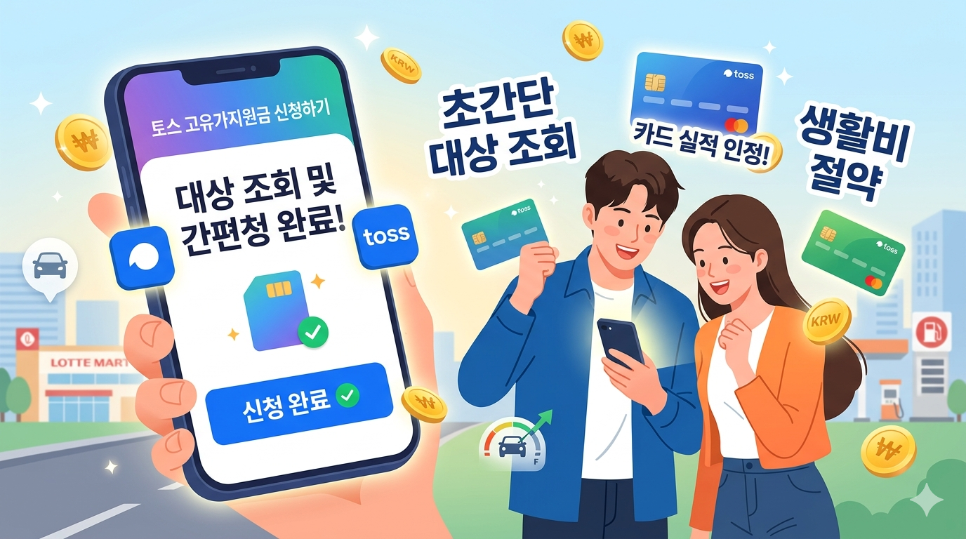 스마트폰 화면에 '토스 고유가지원금 신청하기', '대상 조회 및 간편신청 완료!', '신청 완료'라는 안내 문구가 떠 있는 모습을 보여주는 이미지입니다. 그 옆으로 젊은 남녀가 스마트폰을 보며 기뻐하고 있으며, 주변에는 '초간단 대상 조회', '카드 실적 인정!', '생활비 절약'이라는 홍보 문구와 토스 카드, 금화 아이콘이 날아다니고 있습니다. 배경에는 롯데마트와 주유소의 일러스트가 함께 배치되어 있습니다.
