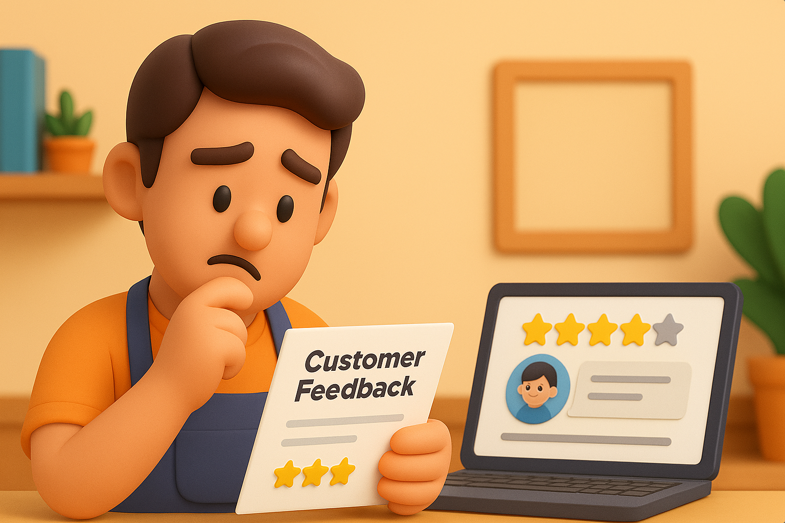 가게 주인이 고객의 피드백이 담긴 종이를 읽으며 진지하게 고민하는 모습, 옆에는 온라인 리뷰 화면이 보임