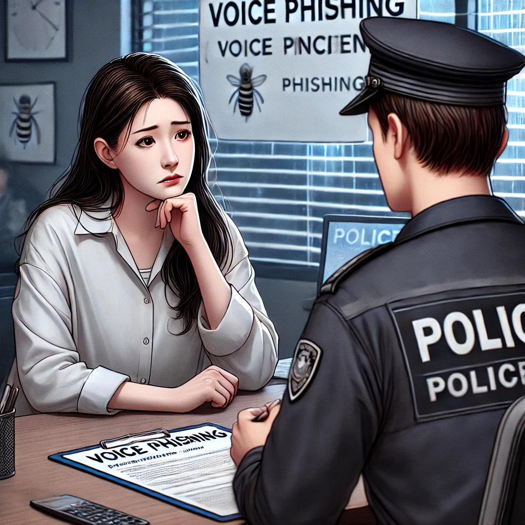 중년 한국 여성이 경찰서 사무실에서 보이스피싱 사건을 상담하고 있는 모습. 경찰관이 메모를 하며 집중해서 듣고 있다.