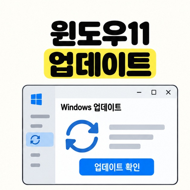 윈도우11 업데이트 제목 아래에 Windows 업데이트 화면과 파란색 업데이트 확인 버튼이 표시된 대표 썸네일