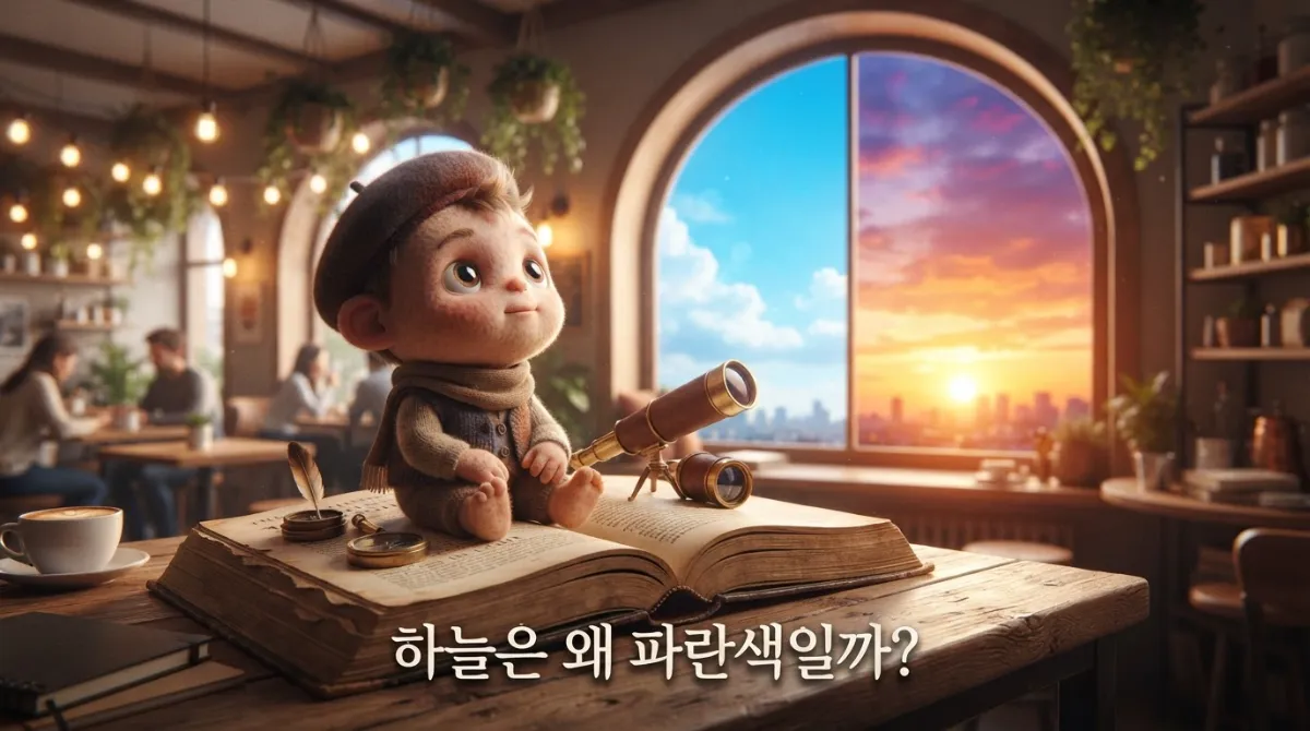 책 위에 앉아 청록과 노을이 공존하는 하늘을 올려다보는 작은 미니미 천문학자