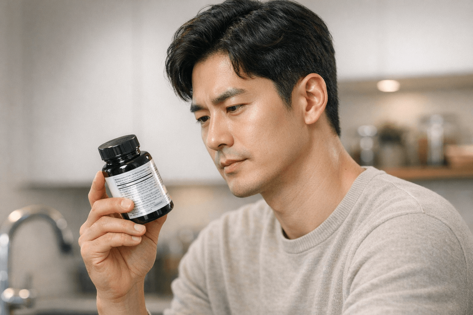 영양제 상한섭취량 라벨을 확인하는 한국인 남성