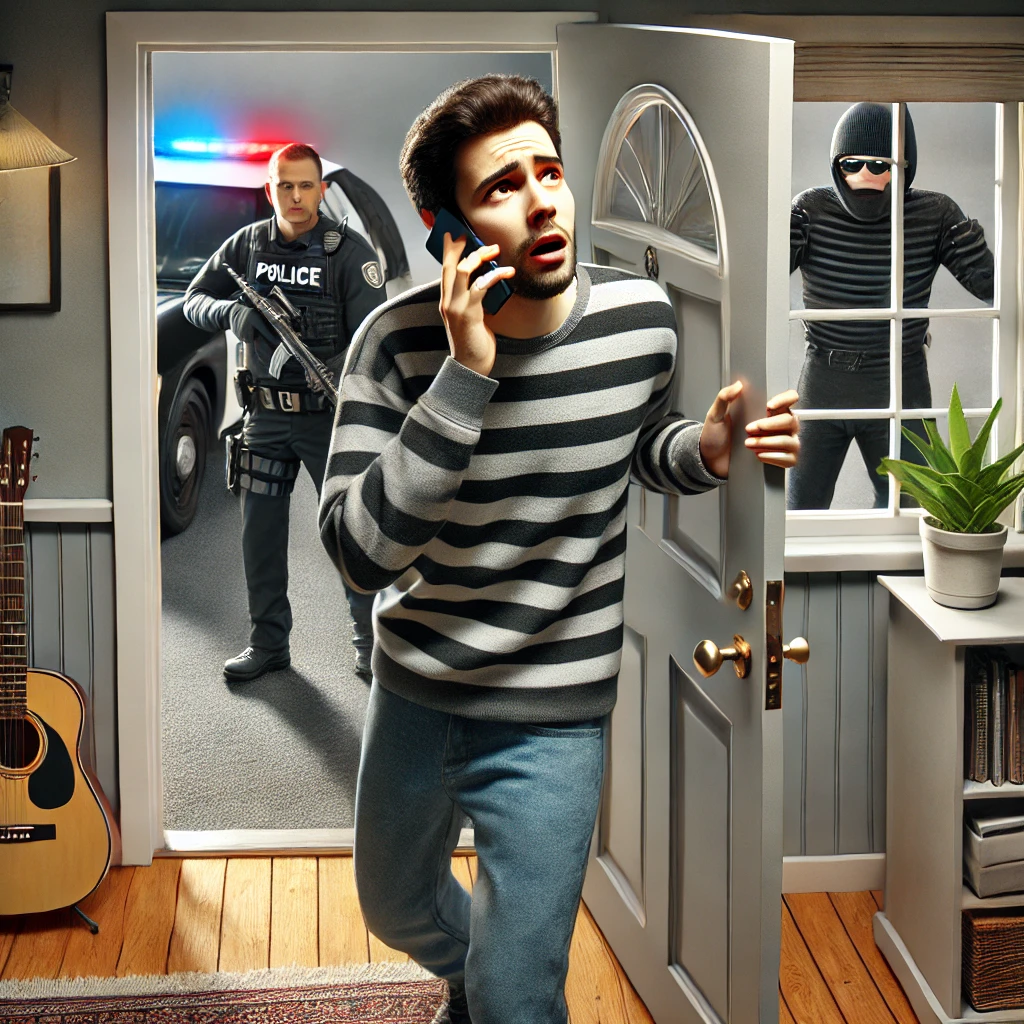 도둑이 경찰에 전화를 걸어 스스로 신고하는 모습. 경찰이 집 앞에서 접근하는 장면.