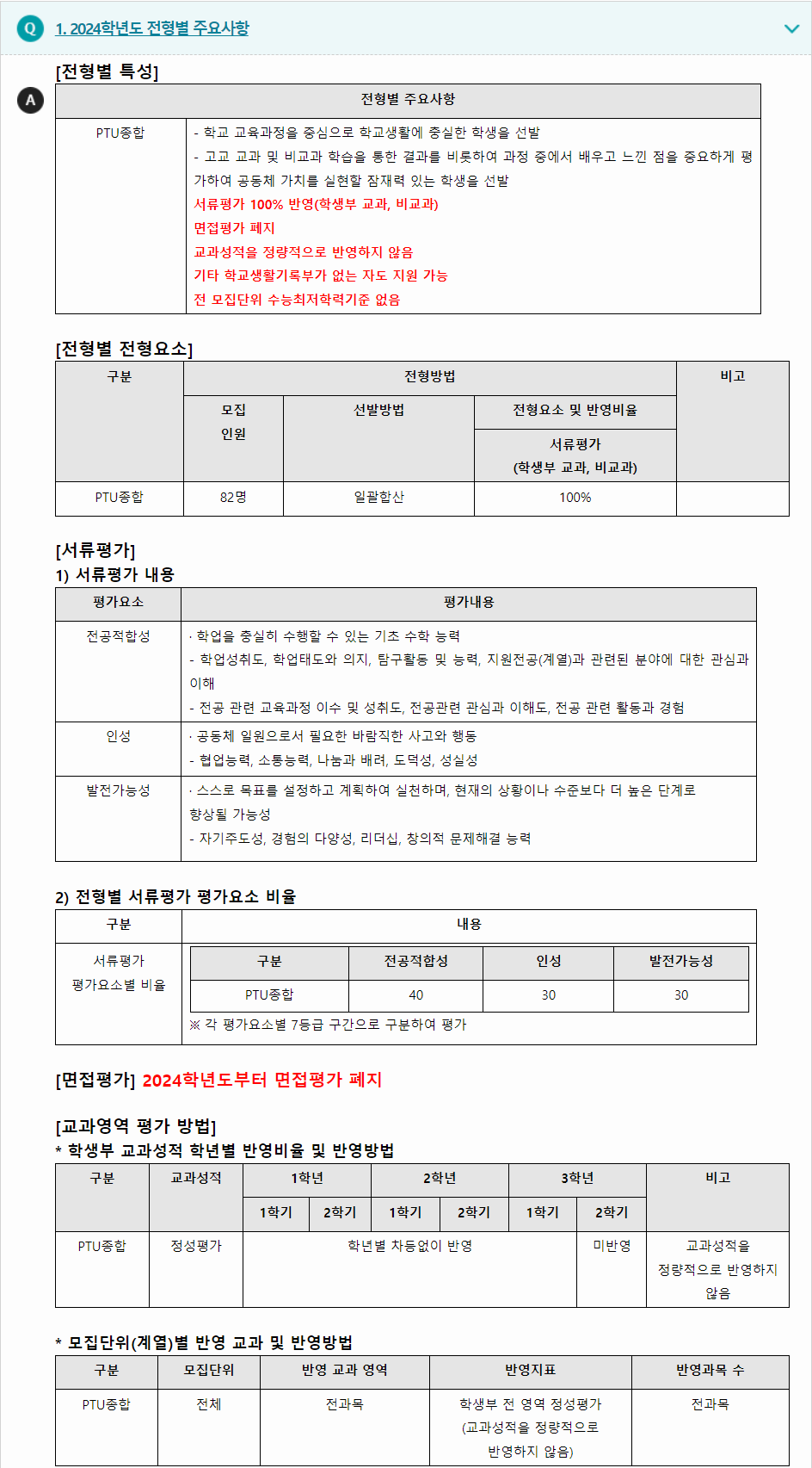 2024학년도 평택대학교 학생부종합전형 전형별 주요사항