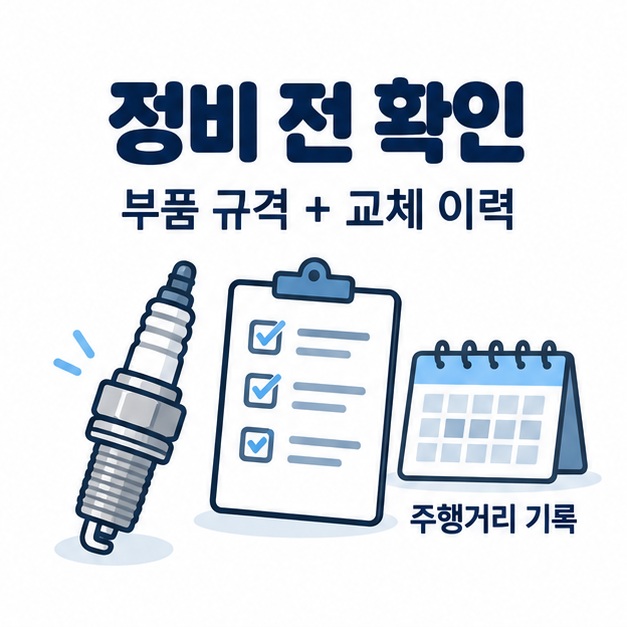 플러그 규격과 지난 교체 주행거리, 정비 이력을 확인하라는 안내 일러스트