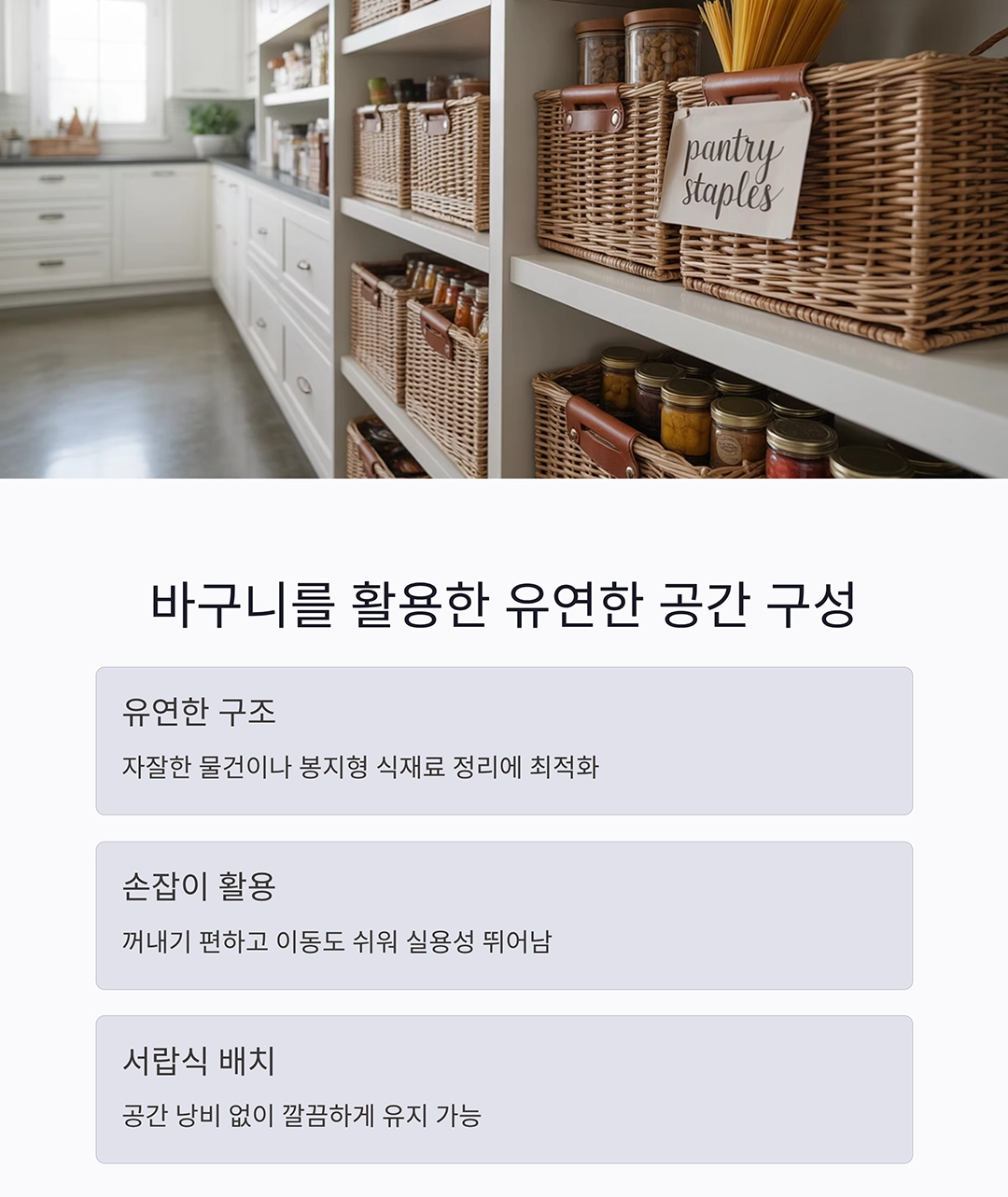 팬트리를 한눈에! 수납함과 바구니로 주방 정리 완벽하게