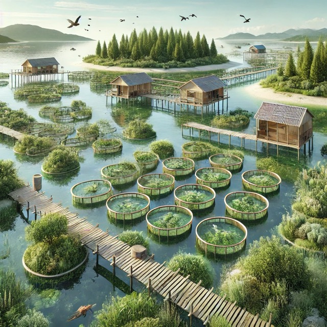 자연 생태와 조화를 이루는 지속 가능한 양식 어업의 모습을 표현