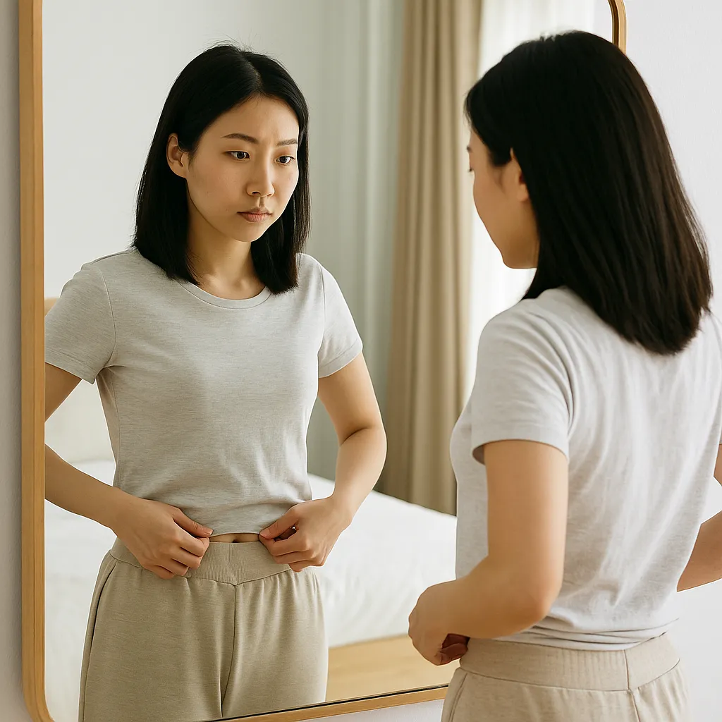 거울을 보며 허리라인을 확인하는 여성