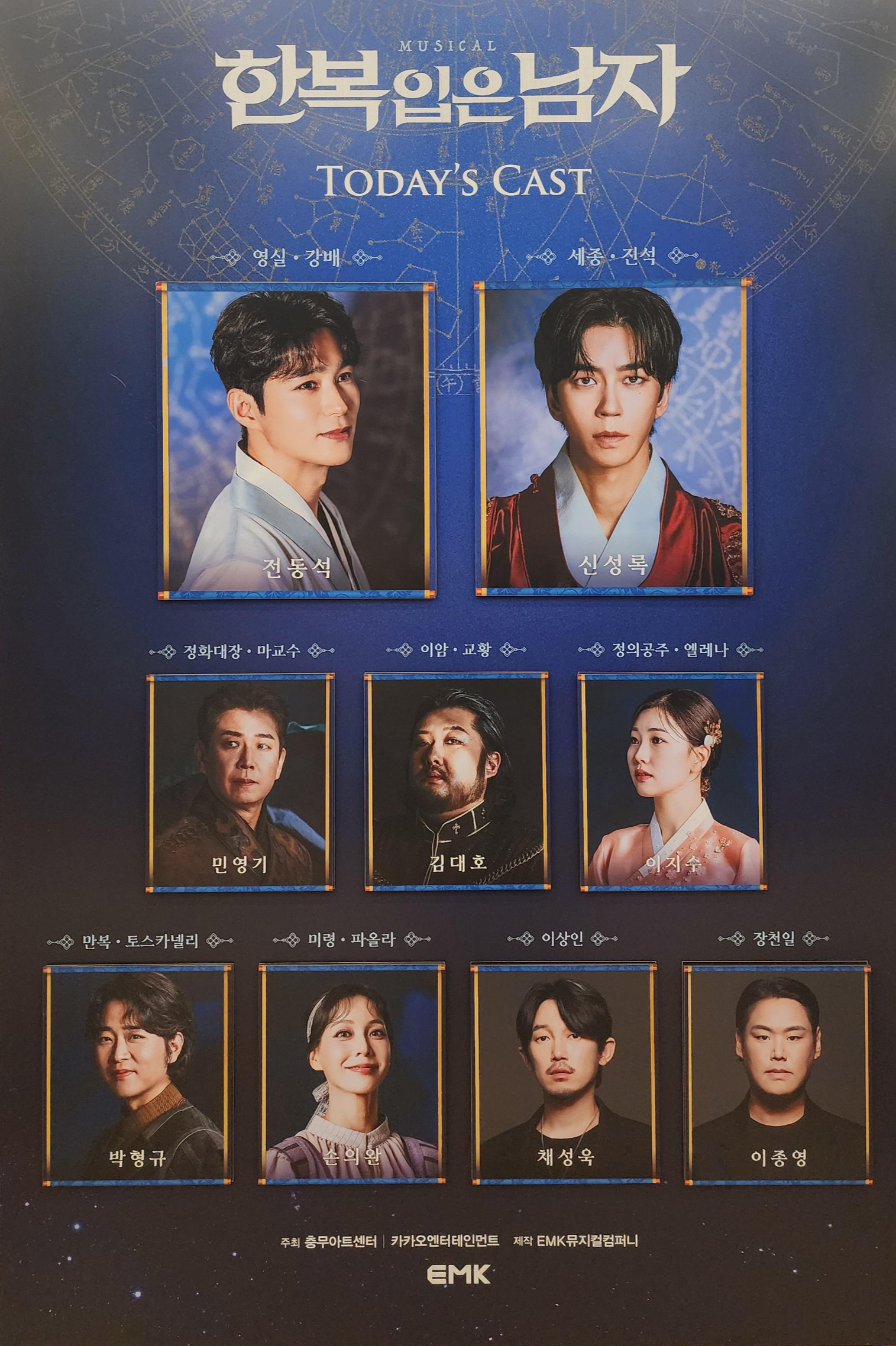 2025년 12월 12일 뮤지컬 한복 입은 남자 미니 캐스팅 보드
캐스트
영실/강배 역 - 전동석
세종/진석 역 - 신성록
정화대장/마 교수 역 - 민영기
이암/교황 역 - 김대호
정의공주/엘레나 역 - 이지수
만복/토스카넬리 역 - 박형규
미령/파올라 역 - 손의완
이상인 역 - 채성욱
장천일 역 - 이종영
어린 영실/어린 다빈치 - 조우준