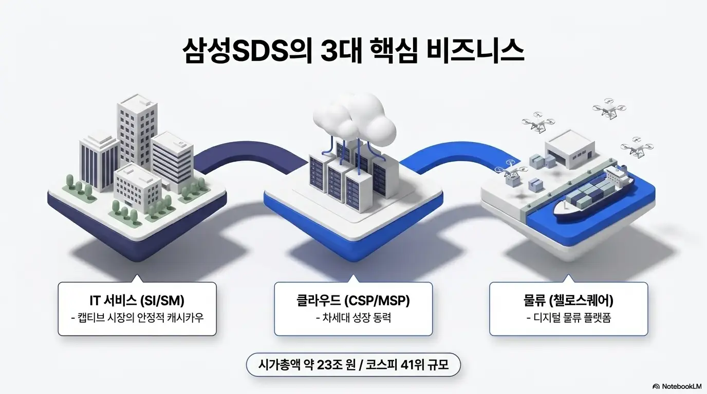 삼성SDS 주가전망: 삼성SDS의 3대 핵심 사업인 IT서비스(SI/SM), 클라우드(CSP/MSP), 물류(첼로스퀘어)와 시가총액 약 23조원 코스피 41위 규모를 정리한 이미지. 회사의 사업 구조를 시각적으로 전달하며, 블로그의 삼성SDS 주가 전망 주제를 설명함