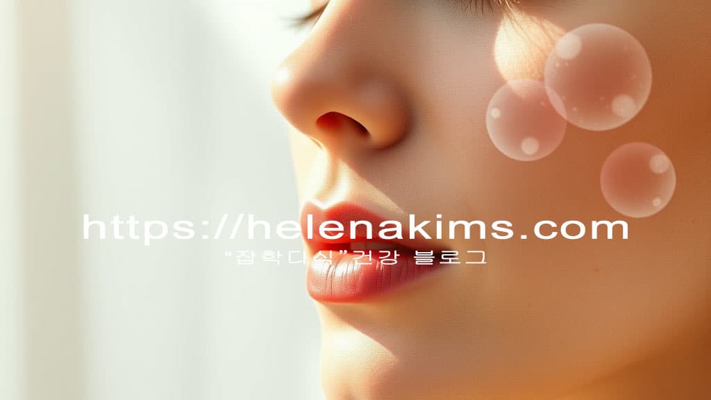 여성의 얼굴 피부에 콜라겐을 상징하는 물방울이 있는 이미지.