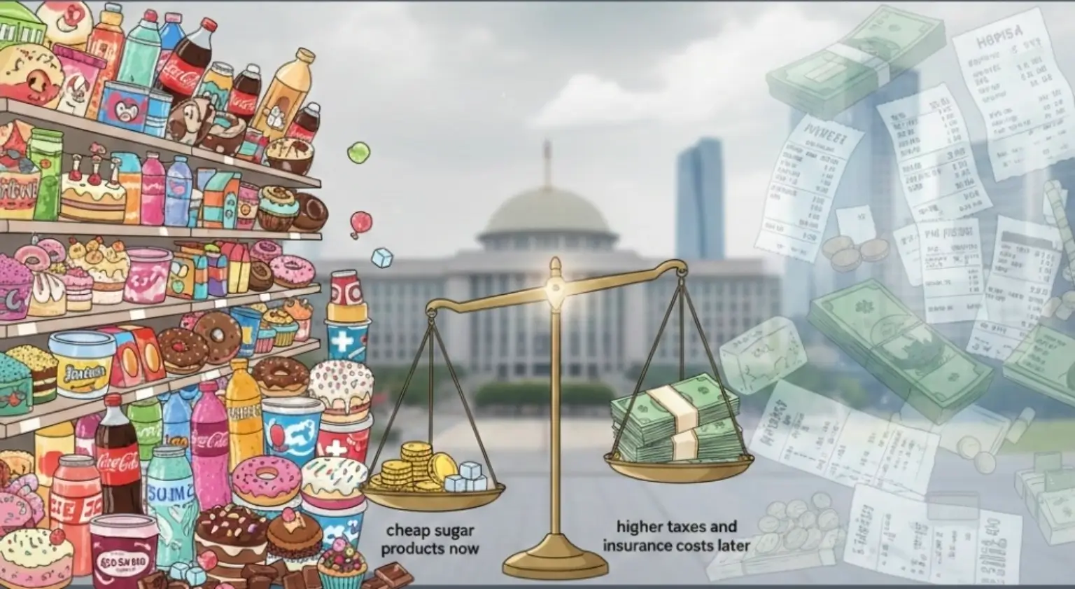 설탕 과다 소비로 인한 건강 문제와 의료비·세금 부담 증가 구조를 보여주는 설탕세 개념 이미지