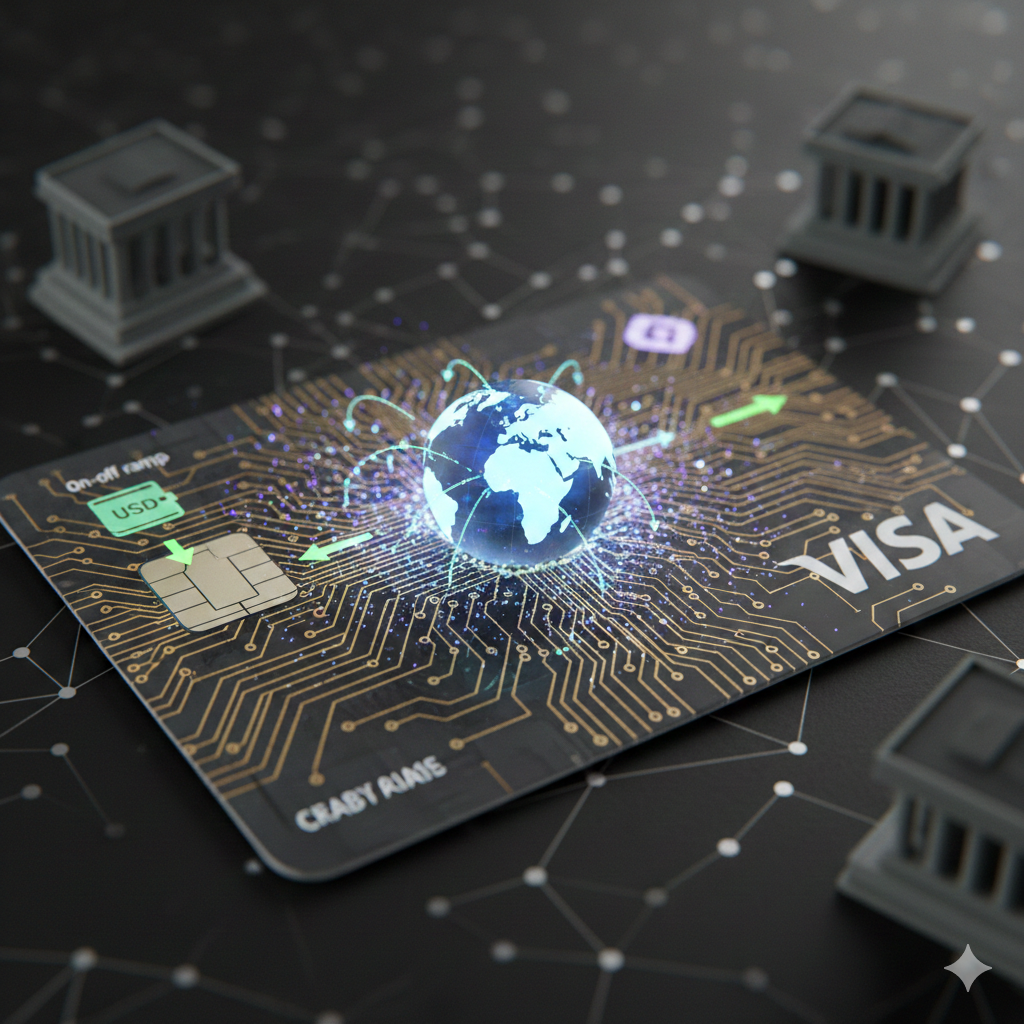 비자(Visa) 카드와 지구본 모델이 회로 기판 위에서 연결된 모습, 스테이블코인과 온오프 램프 시스템을 통한 글로벌 실시간 결제 인프라의 기술적 작동 원리 요약.