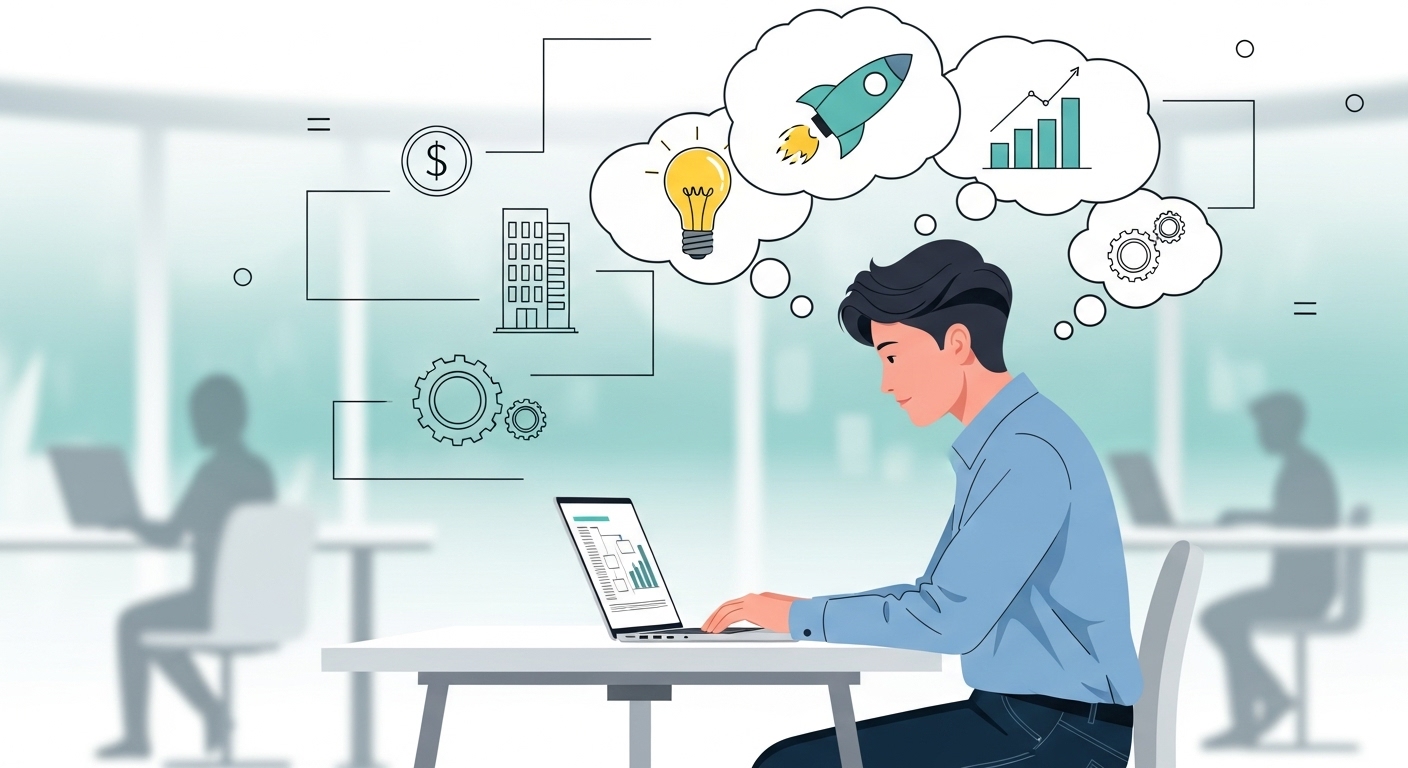 코워킹 스페이스에서 노트북으로 혁신적인 아이디어를 구상하며 일하는 청년 창업가의 모습. 창의성과 사업성을 상징하는 아이콘들이 보입니다.