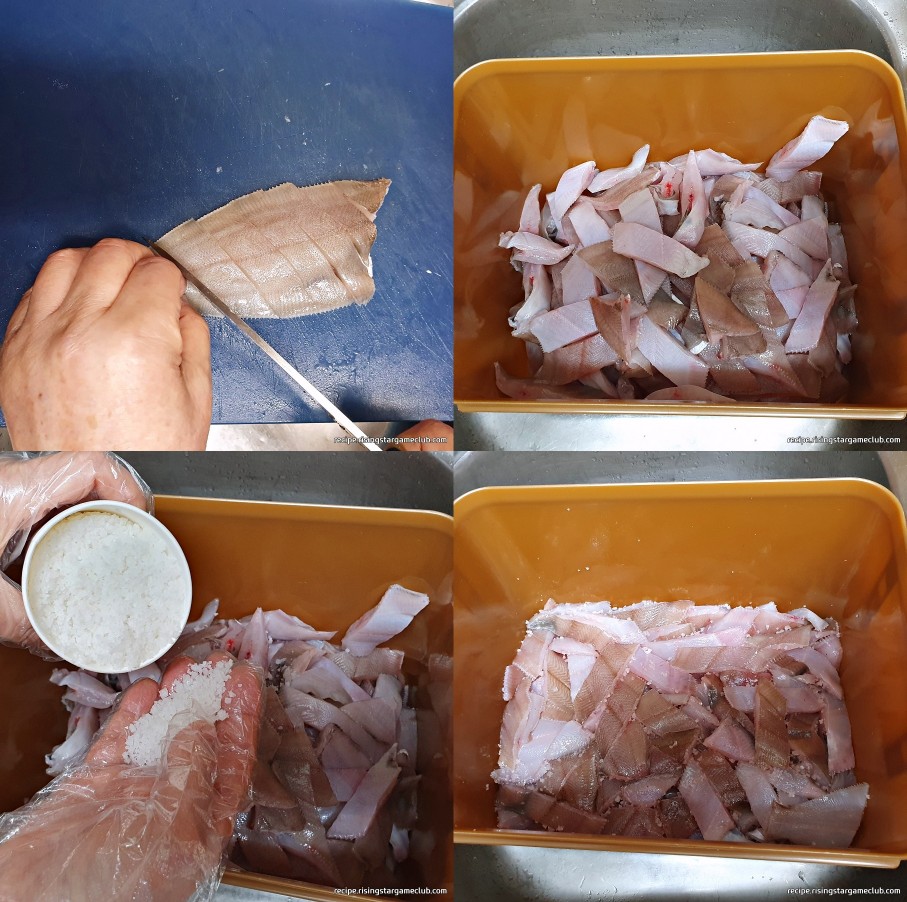 가자미식해에 들어갈 가자미를 잘라서 소금에 절이는 사진