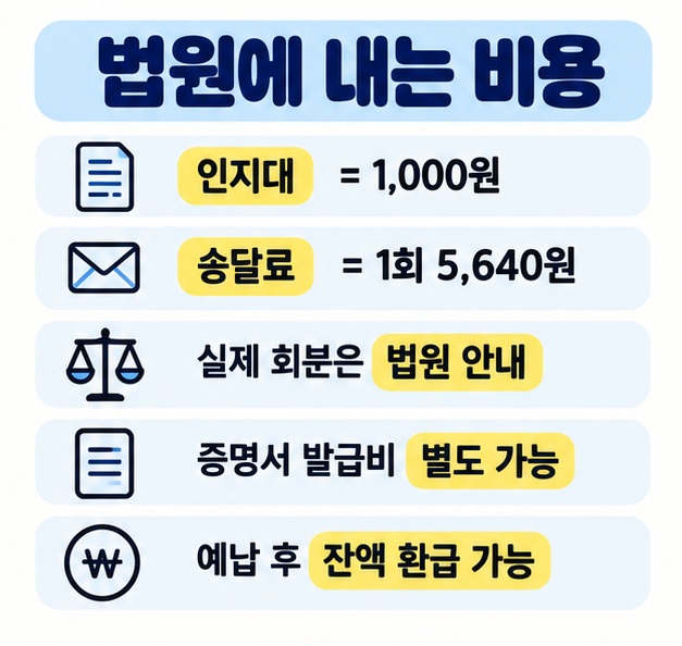 개명 인지대 1천원, 송달료 1회 5천640원, 증명서 발급비와 대행비를 항목별로 정리한 카드