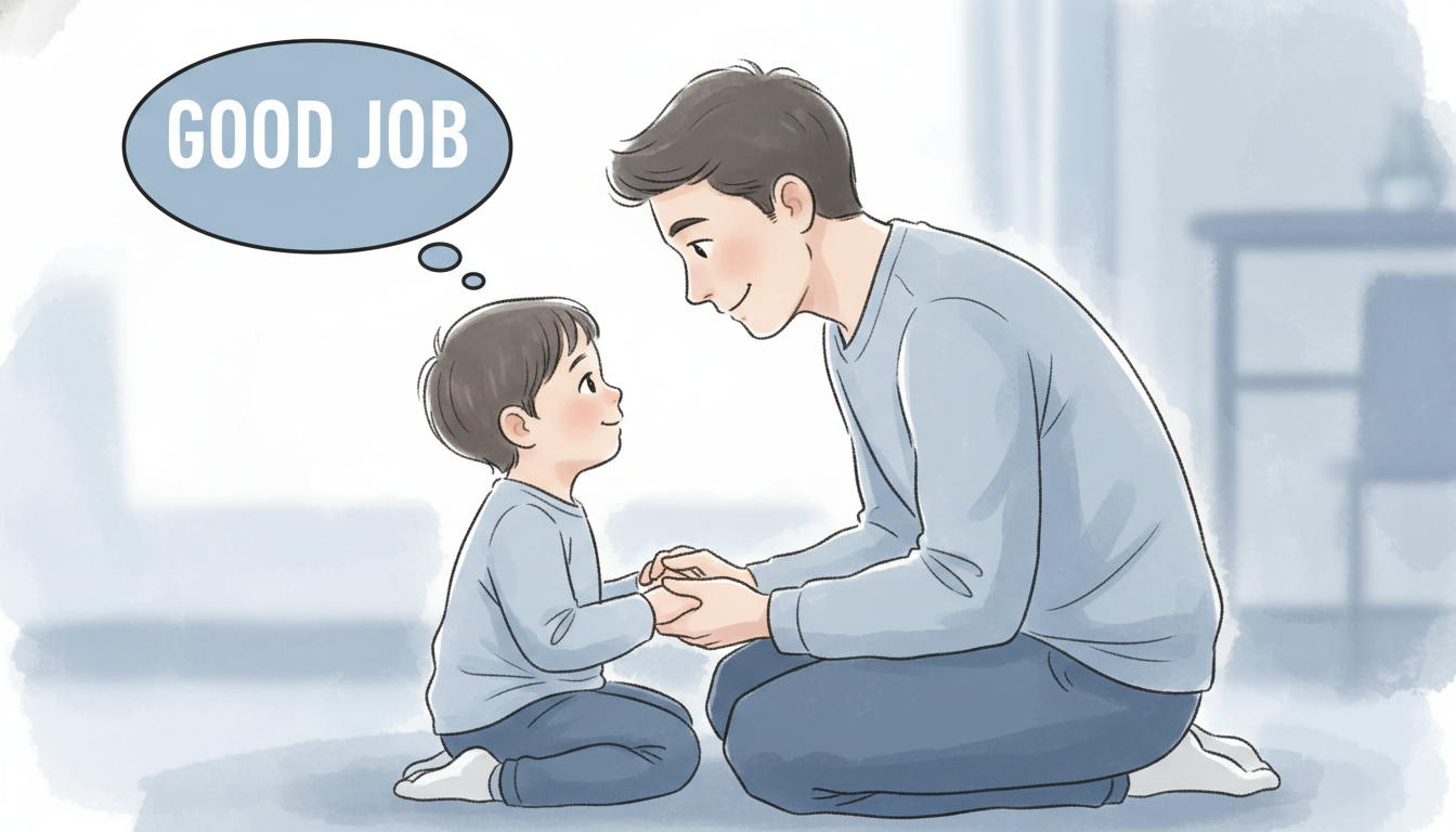 떼쓰기가 진정된 후 아이와 눈을 맞추고 따뜻하게 소통하는 부모의 모습 일러스트