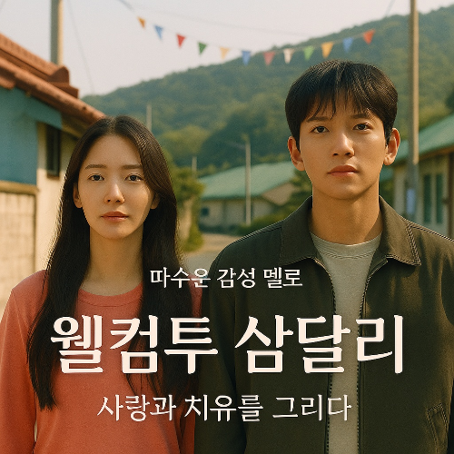 웰컴 투 삼달리 오른쪽 남자 배우와 왼쪽 여자 배우가 마을에서 다정히 서있는 모습