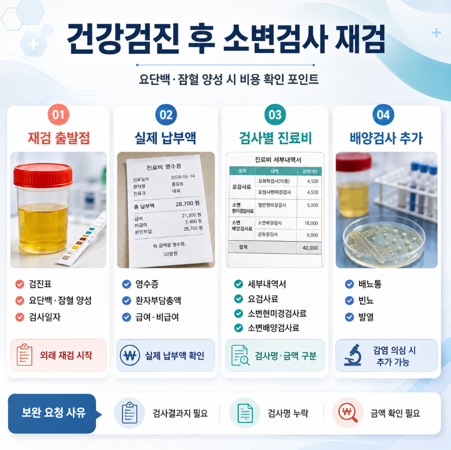 건강검진 후 요단백&middot;잠혈 양성으로 소변검사 재검을 받을 때 검진표, 영수증, 세부내역서, 배양검사 추가 여부를 정리한 의료 인포그래픽