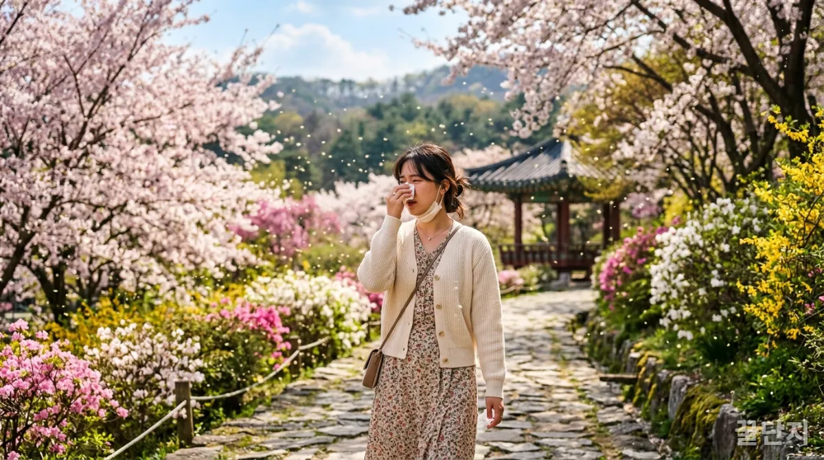 봄날 꽃가루가 날리는 한국 공원에서 알레르기 증상을 보이는 여성