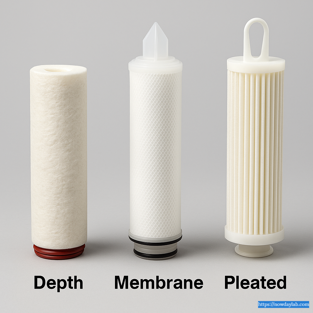 Realistic comparison photo of Depth, Membrane, and Pleated filter cartridges on neutral gray background