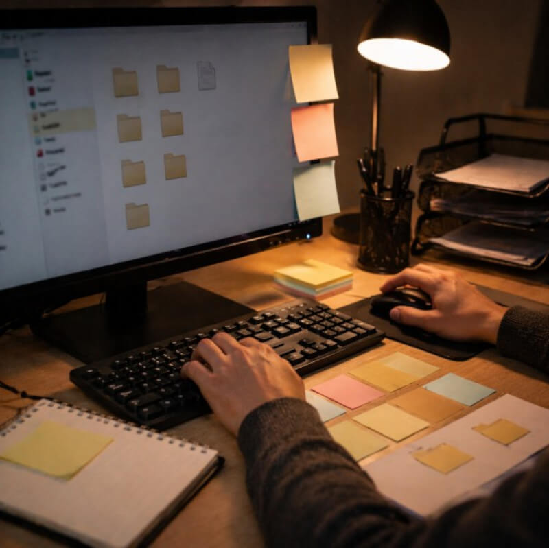 종이 메모를 화면 옆에 붙여두고 자료를 하나씩 분류하며 손으로 키보드와 마우스를 번갈아 움직이는 장면