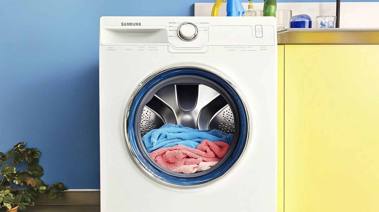 가족 세탁물 한가득이 삼성 AI 세탁기의 대용량 드럼 안에 자연스럽게 들어가 있는 모습, 그 용량을 강조하고 있습니다.