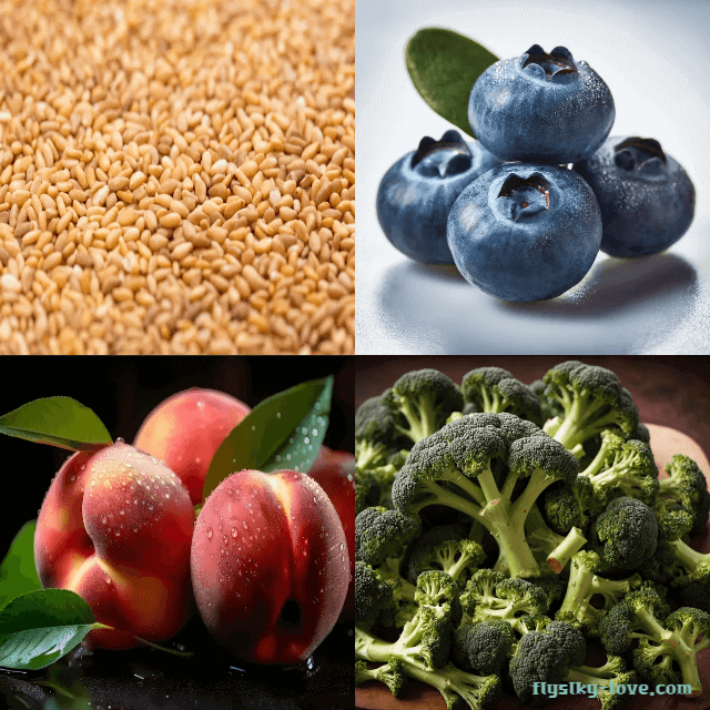 에스트로겐이 풍부한 참깨, 블루베리, 복숭아, 브로콜리