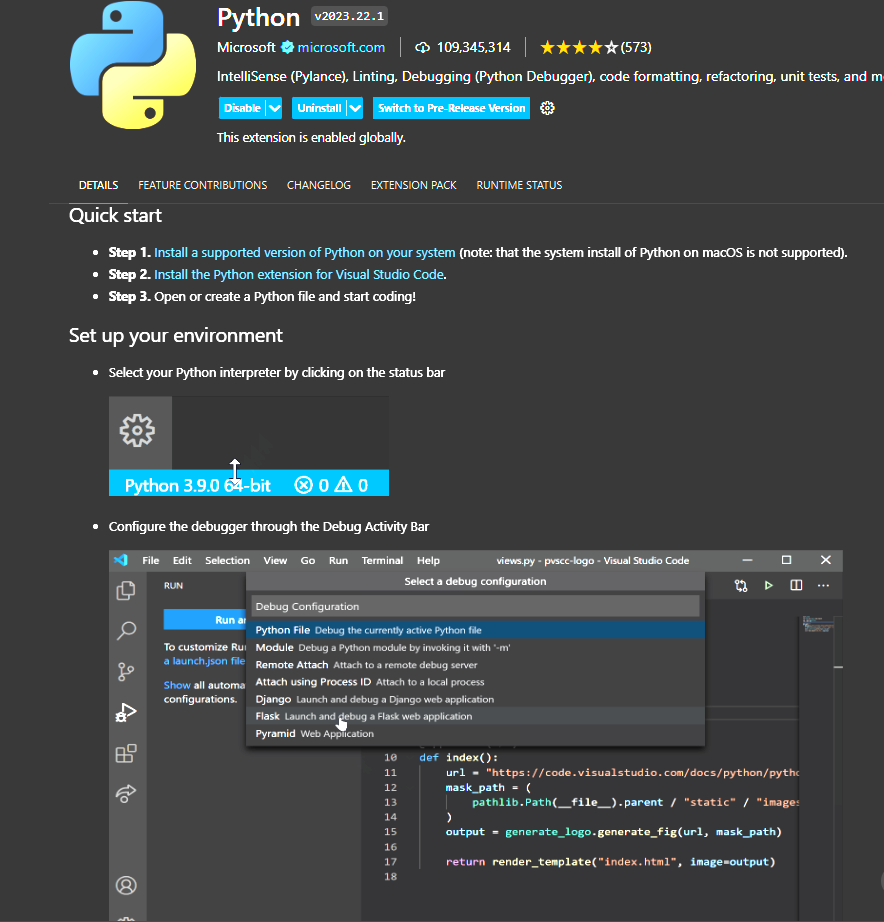 python 익스텐션 세부내용
