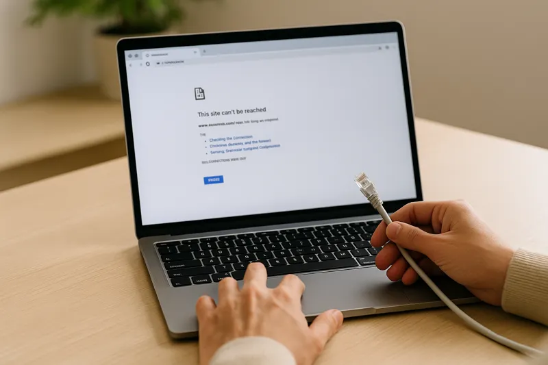 웹페이지 오류 메시지를 확인하며 노트북을 점검하는 장면