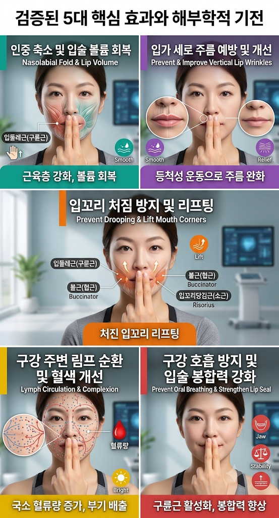 구륜근 저항 페이스 요가의 인중 축소, 세로 주름 예방, 입꼬리 리프팅 등 5대 효과와 해부학적 기전