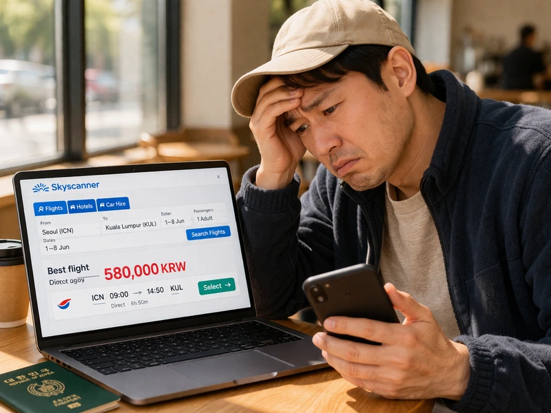 밝은 카페 테이블에 앉은 30대 한국인 남성이 스마트폰을 들고 노트북 화면의 높은 항공권 가격을 보며 머리를 짚은 채 난감한 표정을 짓는 모습. 테이블 위에는 여권이 놓여 있다.